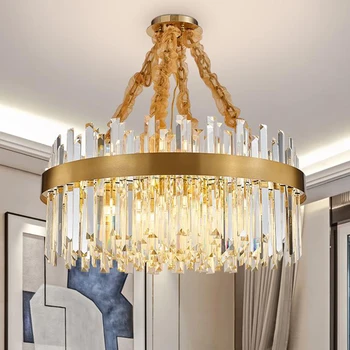 

Round Crystal Chandeliers Bedroom LED Lighting Fixtures Gold Chain Mount Hanging Lamp for Living room Lustre