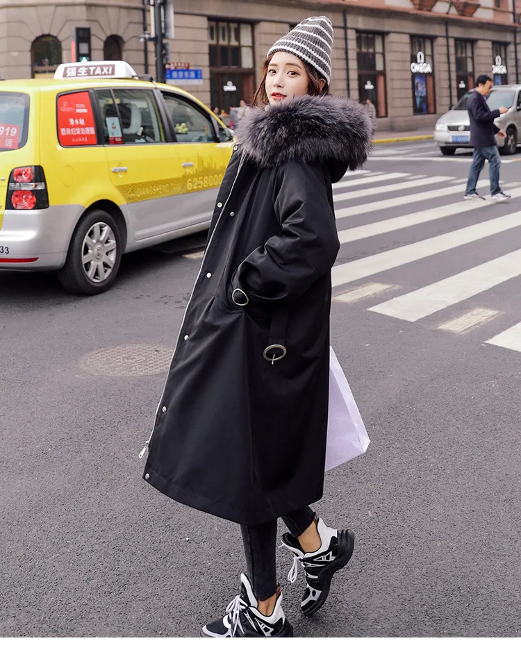 Winter Mid-length over-the-Knee Hooded Thick down Jacket Korean-style Waist Hugging Lace-up Loose-Fit Down Jacket Women's