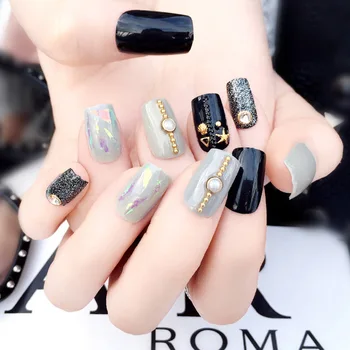 

24 Pcs Fashion Symphony False Nai lHalloween Gift Gray Black Rivet Phototherapy FakeNail Faux Ongles with Glue DL