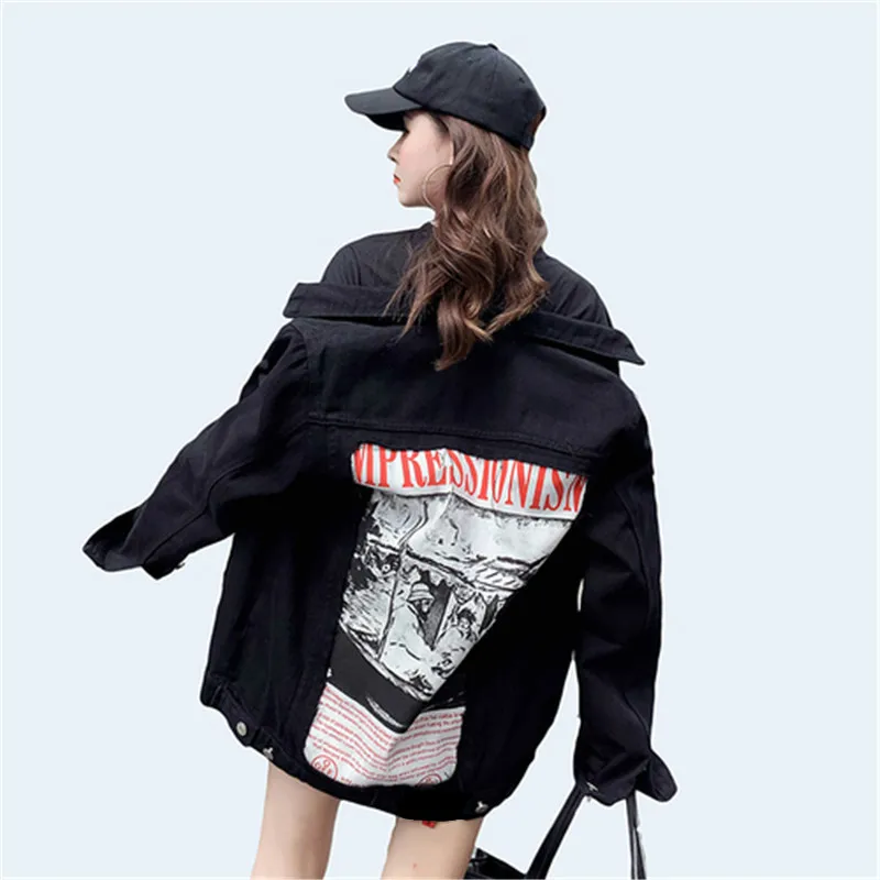

Spring Women Black Denim Jacket Vintage Back Abstract Pattern And Letter Print Loose Coat High Street Jean Jacket Veste Femme
