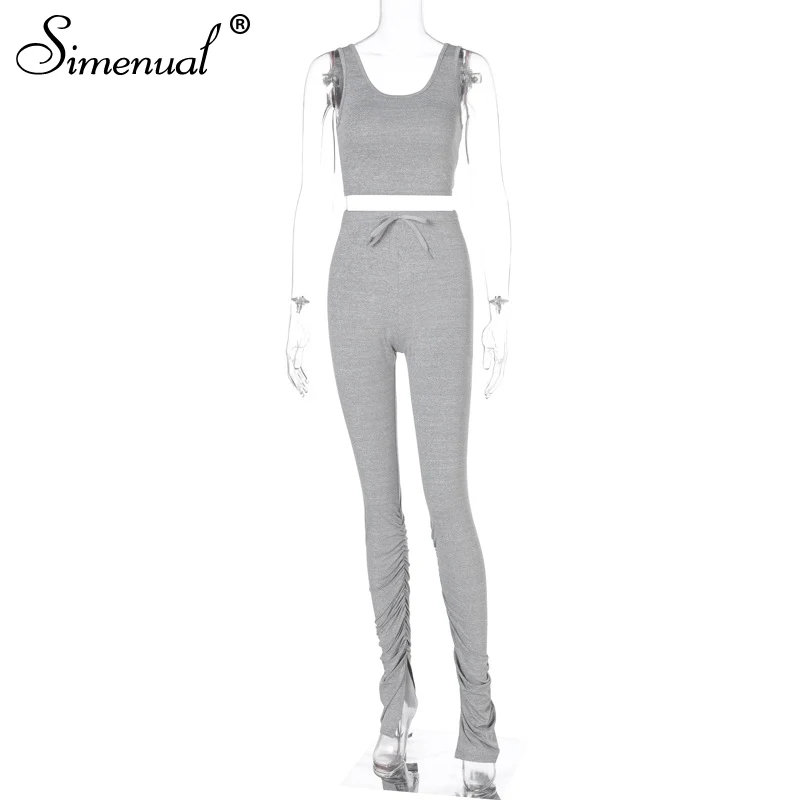 Simenual Tank Top And Stacked Pants 2 Piece Set Women Casual Sportswear Sleeveless Tracksuits Fashion Workout Grey Matching Sets plus size jogging suits