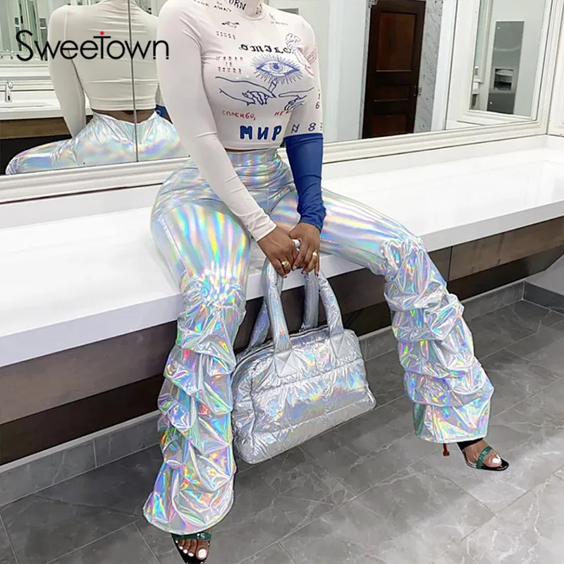 Sweetown Весенние Новые блестящие расклешенные брюки женские вечерние клубная одежда с высокой талией модные брюки плиссированные расклешенные брюки уличная одежда