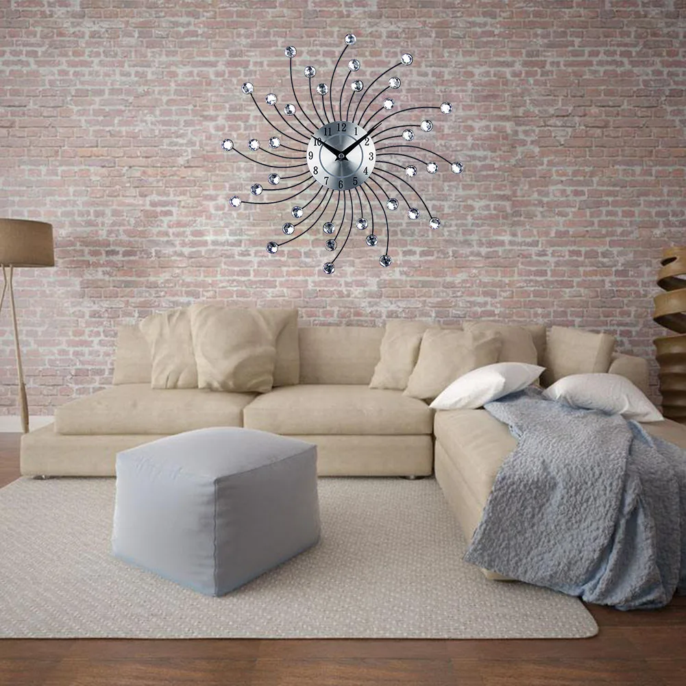 Wall Clock Sunburst Metal Decorative Crystal Art Celebration Easy Installation Home Use Rotating Gifts Quartz Movement Office