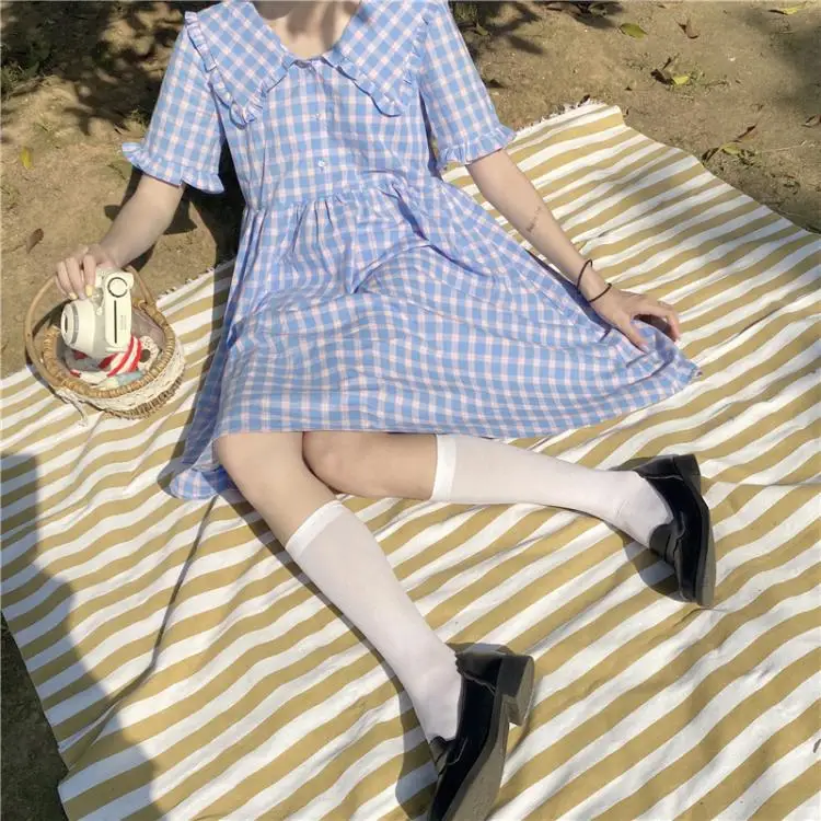 Японское летнее платье для девочек Kawaii Mori новинка 2020 милое клетчатое с короткими