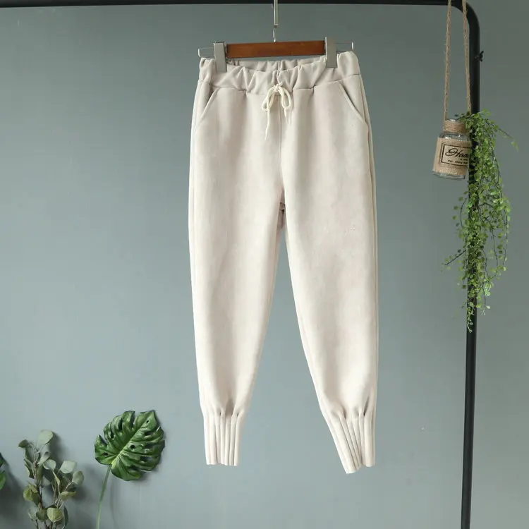 Женские осенние замшевые штаны-шаровары с высокой талией и эластичными карманами, повседневные женские весенние свободные узкие брюки размера плюс - Цвет: Apricot