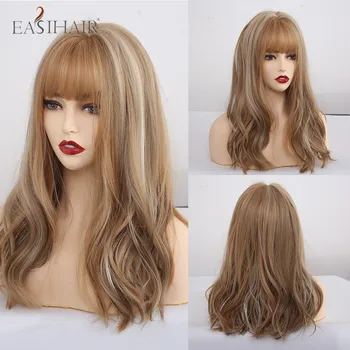 

EASIHAIR Long Wavy Synthetic Wigs Mix Blonde Hair With Bangs for Afro Women Cosplay Daily Natural Wigs Heat Resistant Fiber