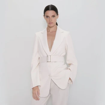 

ZA Popular Long-sleeved Women's Suit in the Long Section of The Waist Slim Business Formal Elegant Jacket White Khaki Blazer