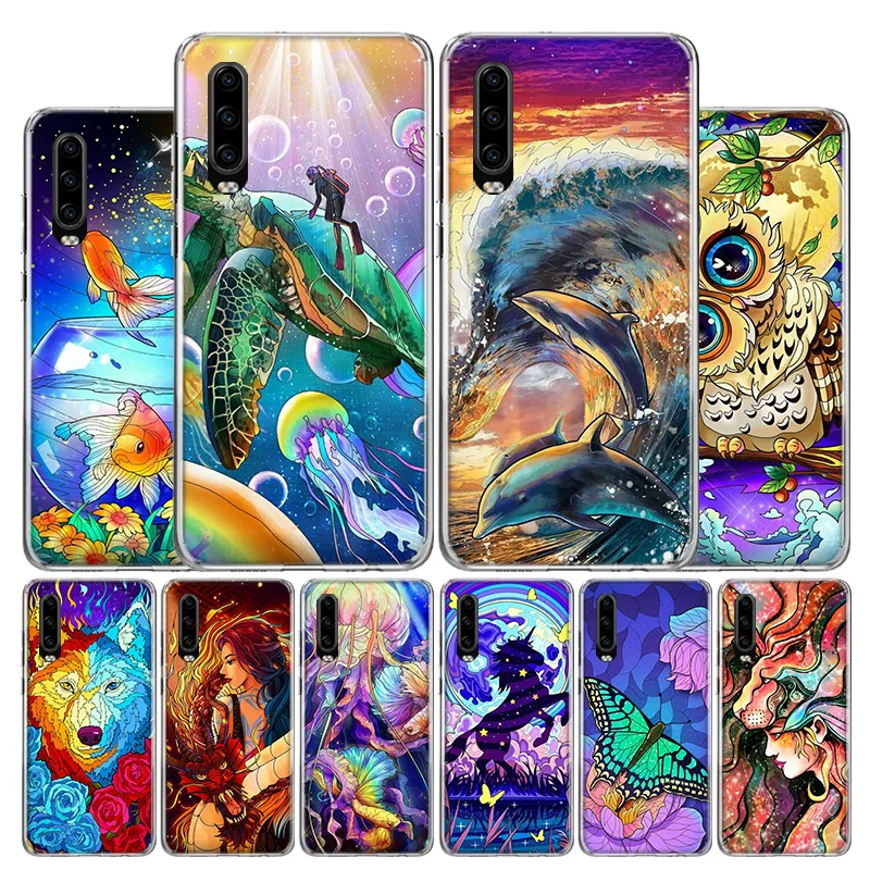 Colorful Cat Owl Fish Horse Animal Cover Phone Case For Huawei P30 P20 P10 P40 P50 Pro Mate 20 40 30 10 Lite Popular Fundas Art | Мобильные