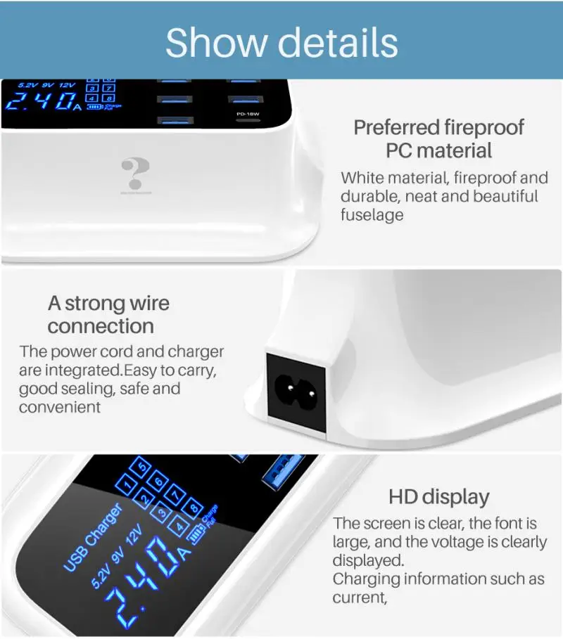 8USB 5 В/2.4a PD18W Зарядное устройство мобильного телефона Мощность переходник QC Быстрая зарядка многопортовое «умное» цифровой Мощность разъем светодиодный Экран