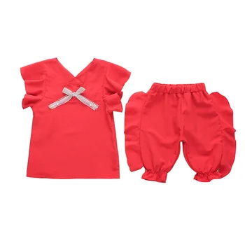 

2020 Summer Baby Girls Sets Ribbon Bow Chiffon T Shirt and Pants Wholesale