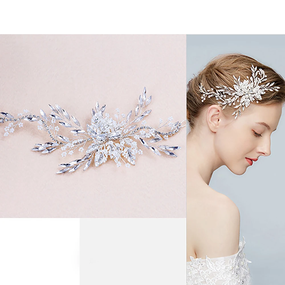 Bridal Wedding Prom Silver Leaf Rhinestones Headband Headpiece Bridal Hair Accessories Headband for Women and Girls