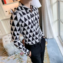 Новейшие мужские модные повседневные рубашки с принтом, приталенные корейские мужские деловые формальные рубашки с длинным рукавом для мужчин, Camisa Masculina