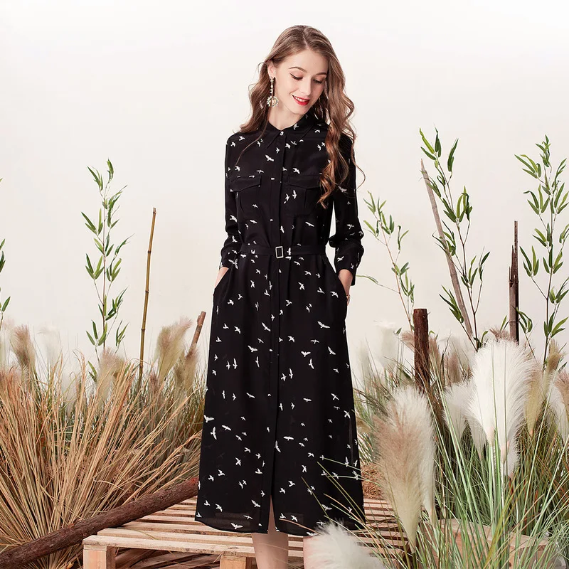 

printed real silk dresses women natural silk 2019 high quality girls black floral work shirt dress elegant plus size long sleeve