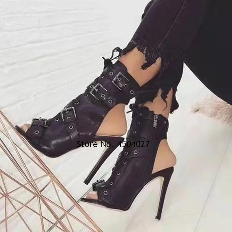 

Black Ladies Open Toe Ankle Boots Thin High Heels Buckle Straps Sexy Party Dress Shoes Women Pumps