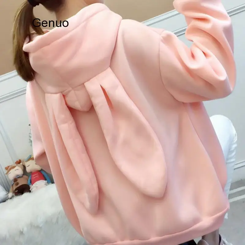 Girl Cute Sweet Hoodies Rabbit Ear Sweatshirt Women Winter Warm Hoodie Sweatshirts With Front Pocket Sudadera Mujer