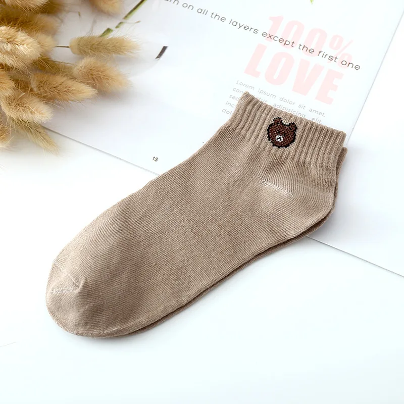 Bear socks 9 Kawaii/женские носки с вышитыми рисунками; Веселые носки до лодыжки; женские милые хлопковые короткие носки в стиле Харадзюку; Sox Girl Sokken - Цвет: Bear socks 9