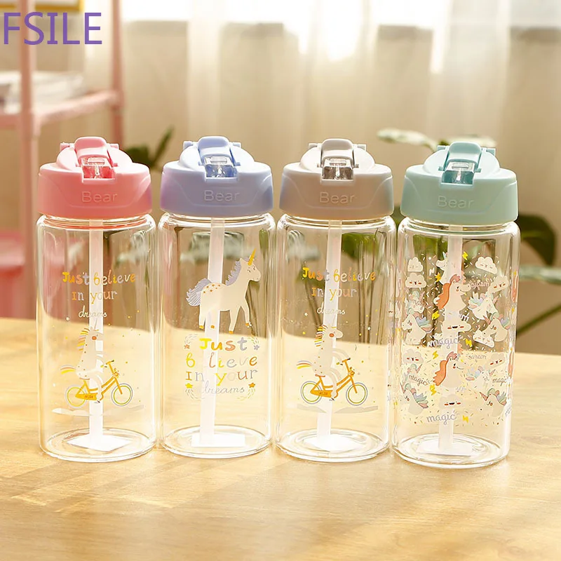 

Unicorn Glass Water Bottle for Kids with Straw and Flip Lid Girls Leak Proof Travel Drink Bottle BPA Free 300ml, 400ml