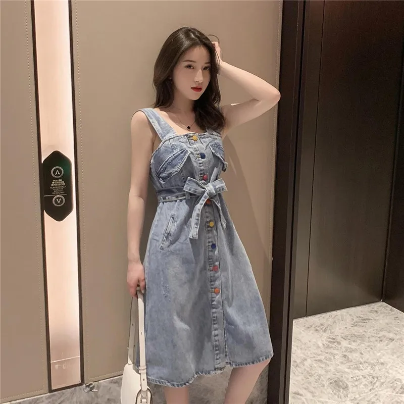 

Fashion Strap Dress Women 2019 Spring Summer Loose High Waist Dress Trendy Sleeveless Tank Dress Buttons Up Streetwear Dresses