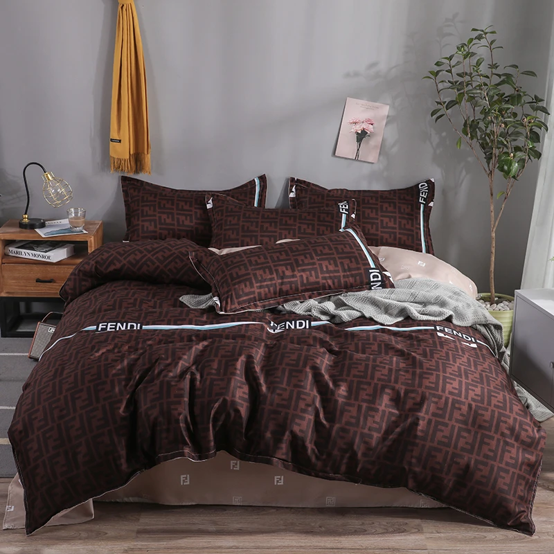 

ANNAs Good Stuff Men Style Letter F Print BeddingSet Cheap Brown Solid Color QuiltCover Khaki Bedsheet 4pcs Queen King Bed Cover