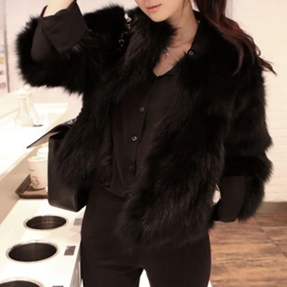Однотонное пальто из искусственного меха женское модное офисное элегантное осеннее короткое пальто из лисьего меха корейское зимнее пальто Верхняя одежда размера плюс 3XL черного цвета - Цвет: Черный