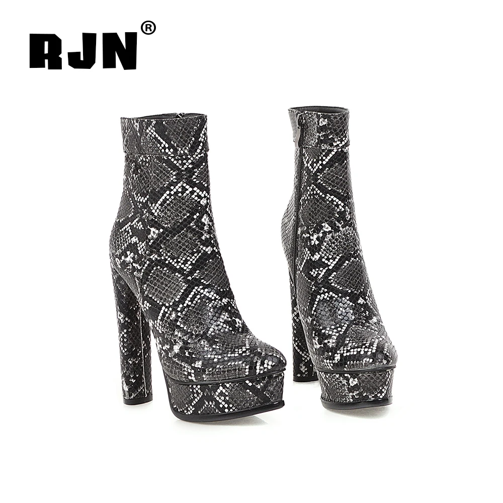 

RJN Stylish Serpentine Printing Winter Boots Large Size Waterproof Platform Zip Super High Round Heel Women Ankle Boots RO08