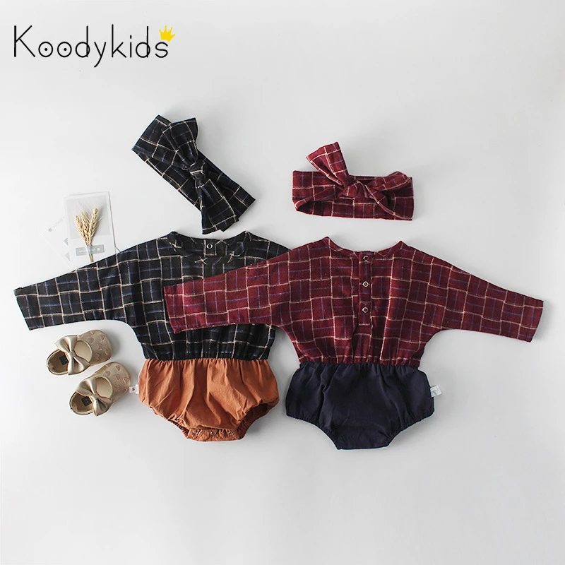 Koodykids/весенние боди для маленьких девочек; хлопковые комбинезоны с повязкой на голову; осенние модные комбинезоны для маленьких девочек; клетчатые боди с длинными рукавами