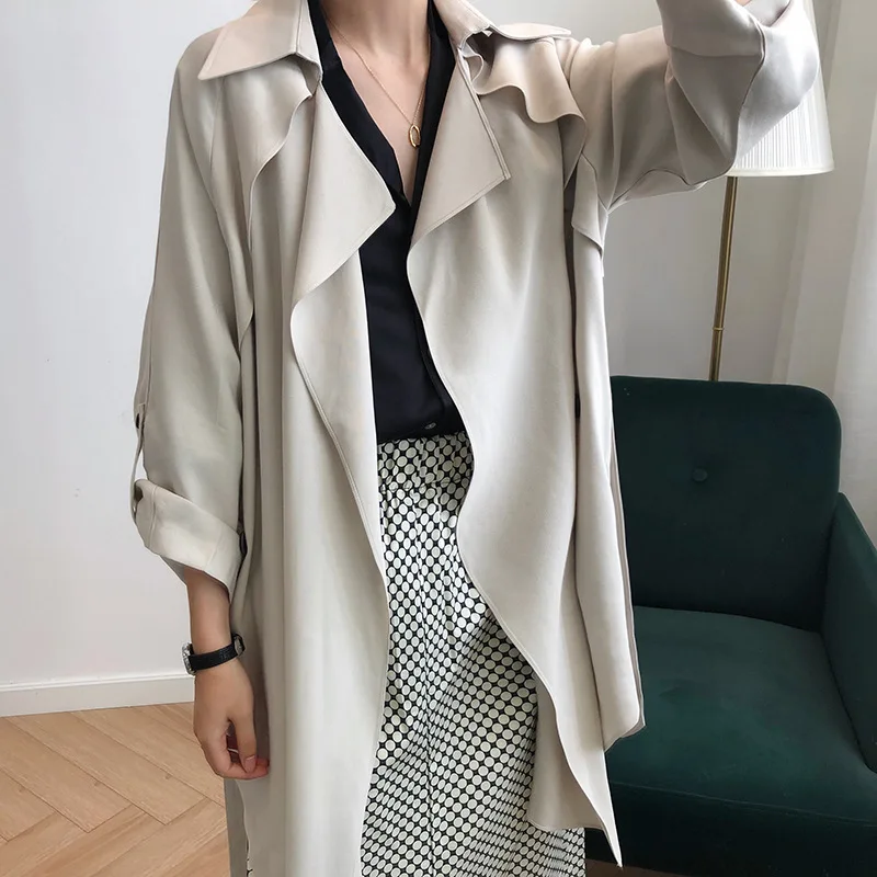

Spring Korean Plus size Women Trench coat With sashes Lapel collar Long sleeve Casual Thin Windbreaker Fashion 2020 Clothing New