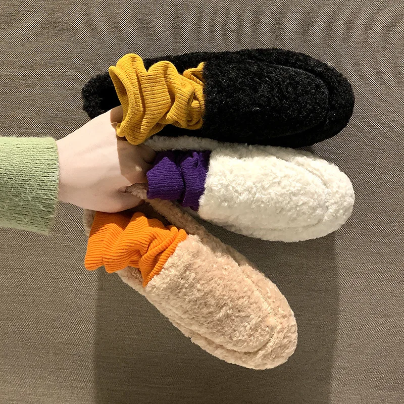 Plush Loafers Ballets Flats Shoes Woman Winter Flock Solid Moccasins Slip-Ons Peas Plush Egg Roll Flats Footwear