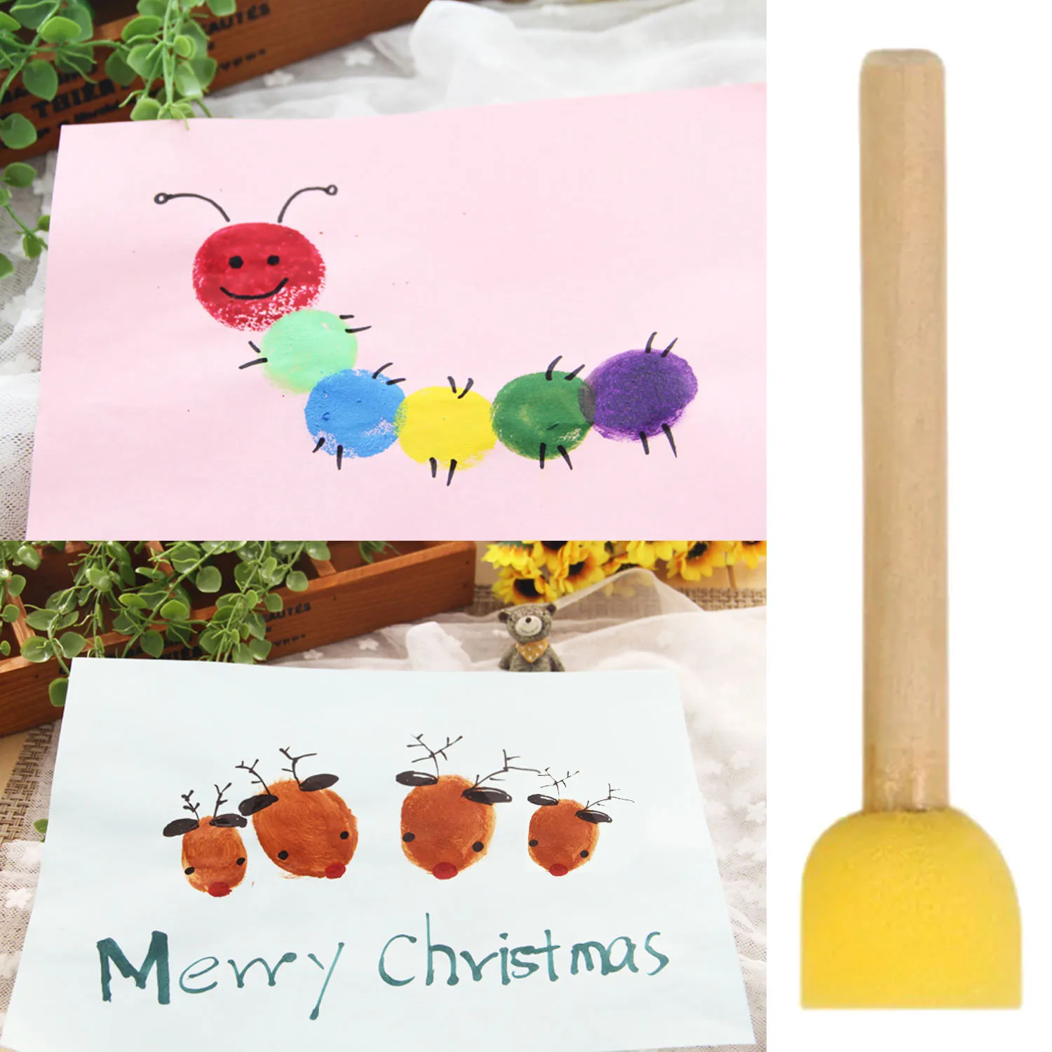 4pcs/Set Yellow Sponge Paint Brush Wooden Handle Painting Tool Graffiti Kids Diy Doodle Drawing Brushes Coloring for Children