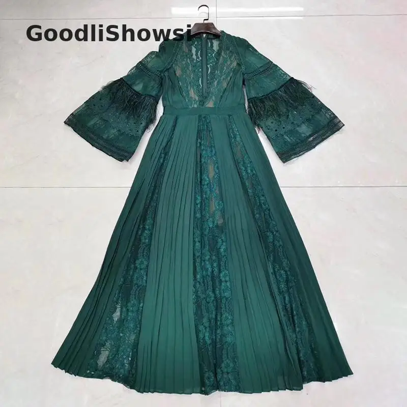 GoodliShowsi, модное женское элегантное платье, одноцветное, сексуальное, v-образный вырез, перья, пэтчворк, прозрачное, с аппликацией, плиссированное, макси платье