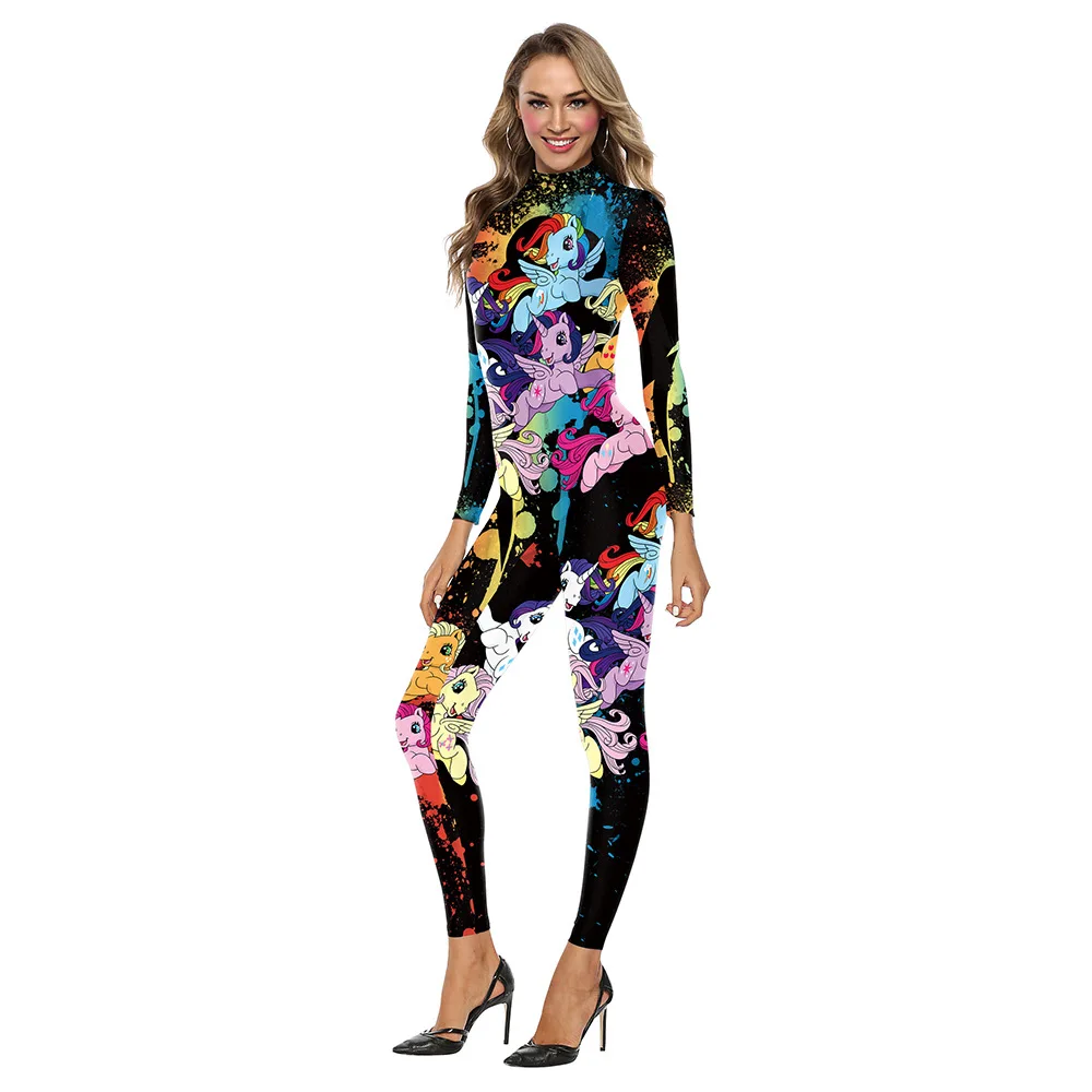 FCCEXIO Cartoon Black Unicorn Print Sexy Bodysuits Women  Long Sleeve Rainbow New Jumpsuit Skinny Party Slim Jumpsuits