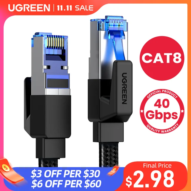 UGREEN Ethernet Cable CAT8 40Gbps Cotton Braided CAT7 Network Lan Cord for Modem Laptops PS 4 Router 10m 20m RJ45 Cable Ethernet 1