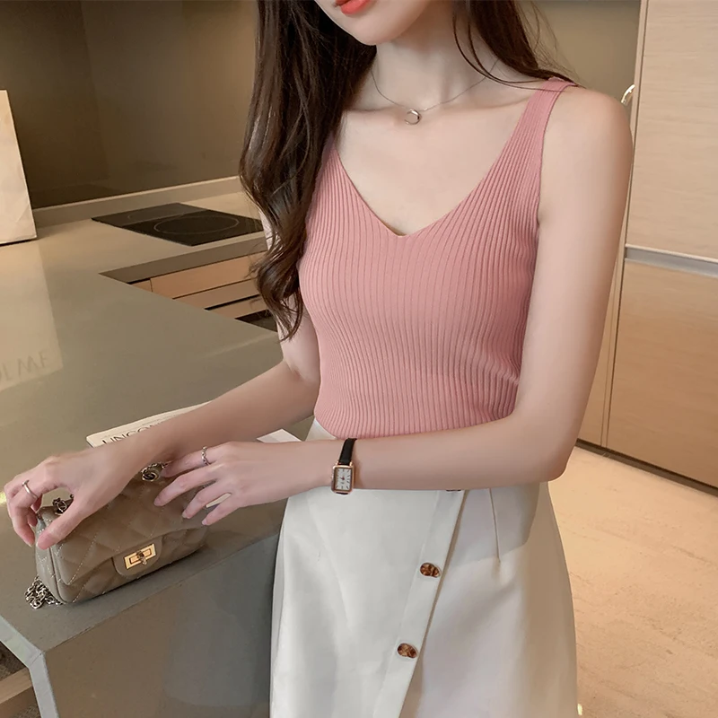 Korean Fashion Women Tank Tops Sexy Halter Top Lady Ice Silk V-neck Camis Top Plus Size Woman Knitted Sleeveless Camis Tees Tops