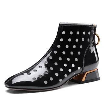 

Genuine Patent Leather Mesh Boots Sandals Woman Summer Ankle Boots Pointed Toe Sexy Women Shoes For Female Black White LB0006