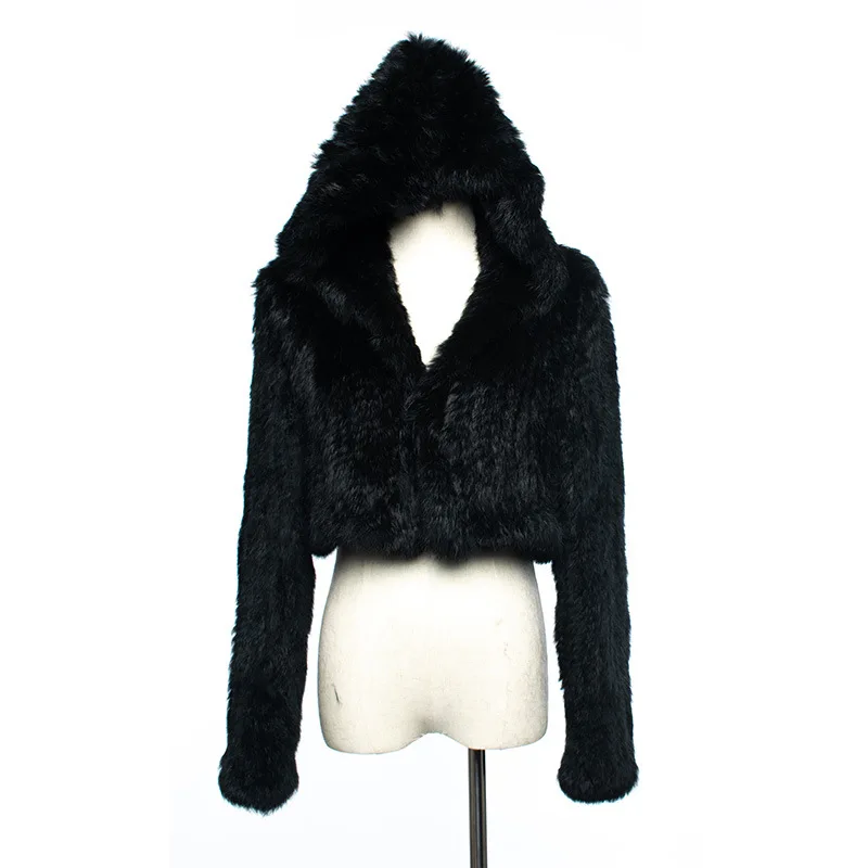 

rf1921 2019 new real fur coat women black rabbit fur jacket with hood short fur coat knitted