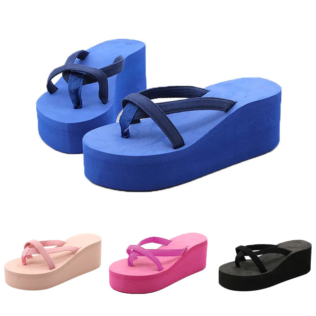 Jaycosin Slippers Shoes Woman Solid Color Beach High-heeled Wedge With Thick-legged Sandals Party Flip Flops Women Slippers