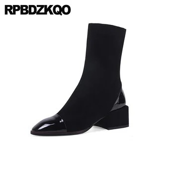 

fall shoes slip on short high heel ankle square toe suede ladies fur patent leather women boots winter 2019 chunky thick black