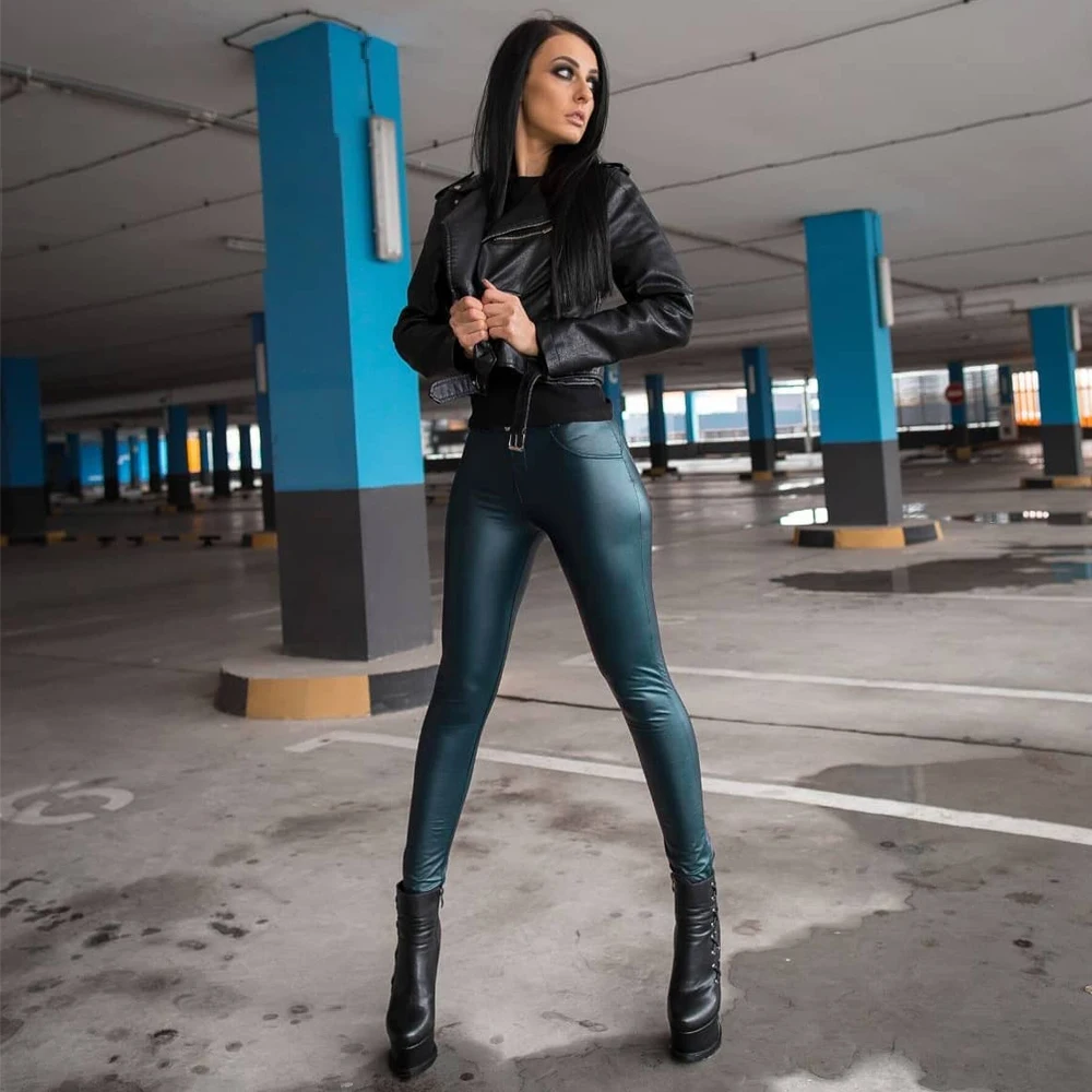 Melody Blue Leather Trousers Mid Waisted Vegan Leather Leggings