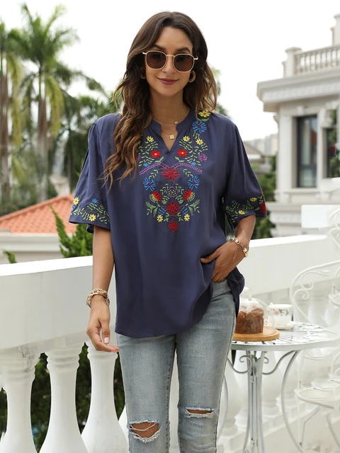 Floral Embroidery Blouses Shirt Navy Cotton Summer Chic Navy Boho Mexican Shirts 2xl 3xl Women Ethnic Hippie Tops 4