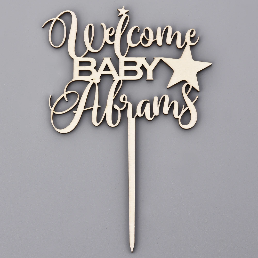 Personalized Custom Cake Topper Welcome Baby Name Star Engraved Acrylic Wood Cake Topper For Baby Shower Party Gift Decor