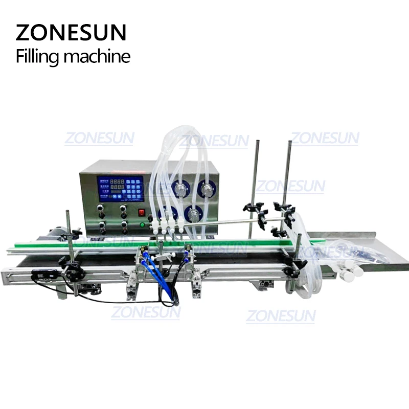 ZONESUN, 4 насадки, магнитный насос, автоматический Настольный CNC наполнитель жидкой воды с конвейером 110 V-220 V для духов, разливочная машина