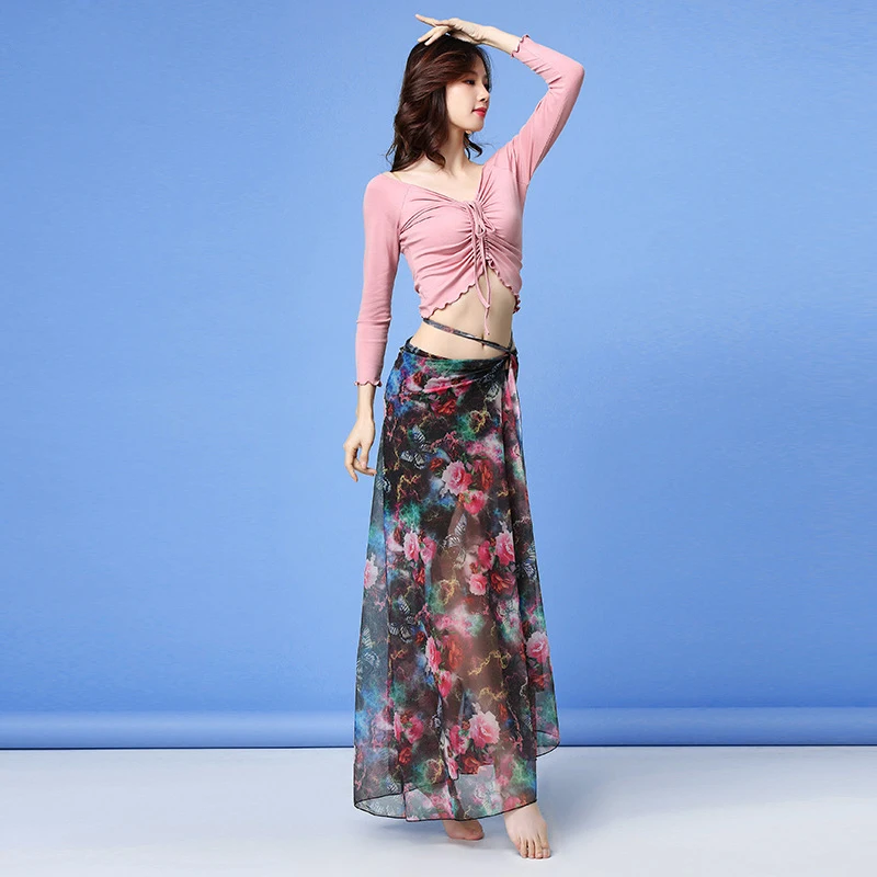 Pink floral Новая мода женщин танец одежда набор костюма для танца живота цветочные шифон длинная юбка эластичный Топ - Цвет: Pink floral