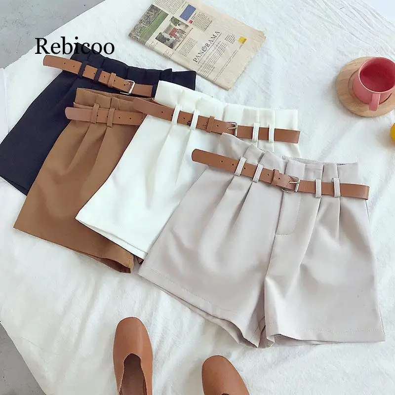 

Korean version of the simple design white suit shorts 2019 fashion solid color high waist wide leg shorts with belt 5 colors