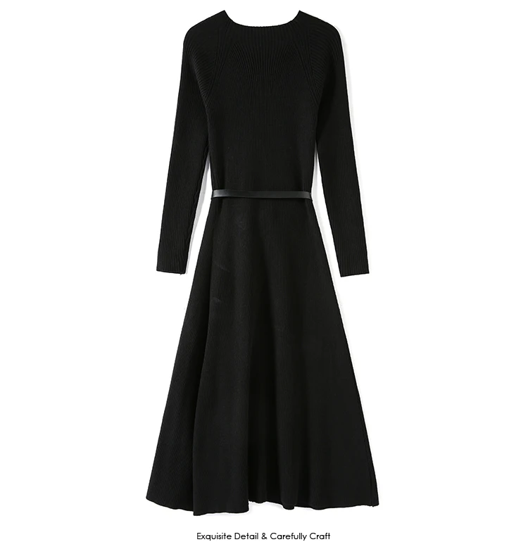 2021 Autumn Winter Women Gradient Color Stitching Knitted Warm Sweater Dress Female Long Sleeve Ol Midi Pleated Dress M8006