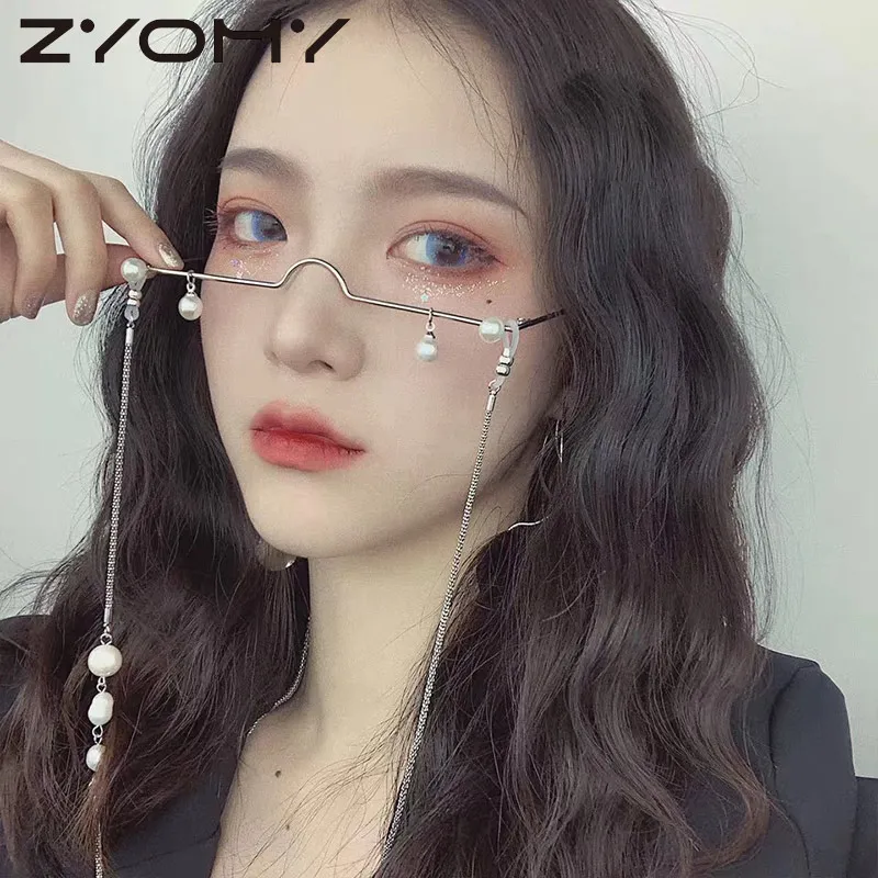 

Fashion Vintage Luxury Women Glasses With Pearl Pendant Decoration Half frame Eyeglasses No Chain Brand Designer Metal Frame