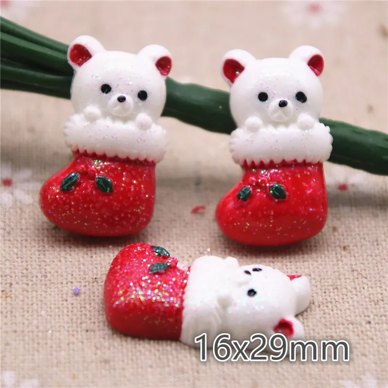 10 шт смолы красный Рождественский чулок Белый медведь плоская спина кабошон