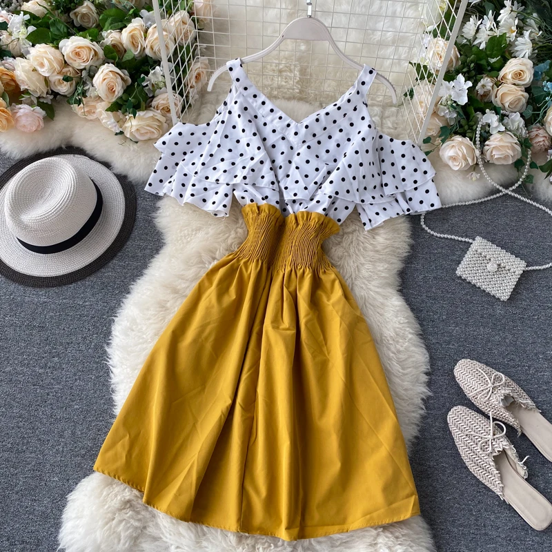 Boho Ruffles sexy Off shoulder polka dot print patchwork Summer short Dress Women slim waist dress casual a-line beach dress