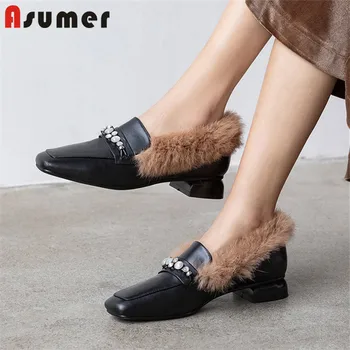 

Asumer 2020 big size 43 women pumps genuine leather shoes crystal square toe fashion simple winter party wedding shoes woman