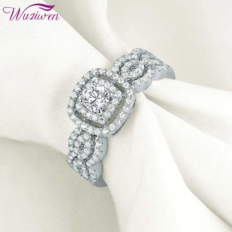 Wuziwen 3 Pcs Wedding Engagement Rings For Women Genuine 925 Sterling Silver Halo Round Zircon Bridal Set Classic Jewelry | Украшения и