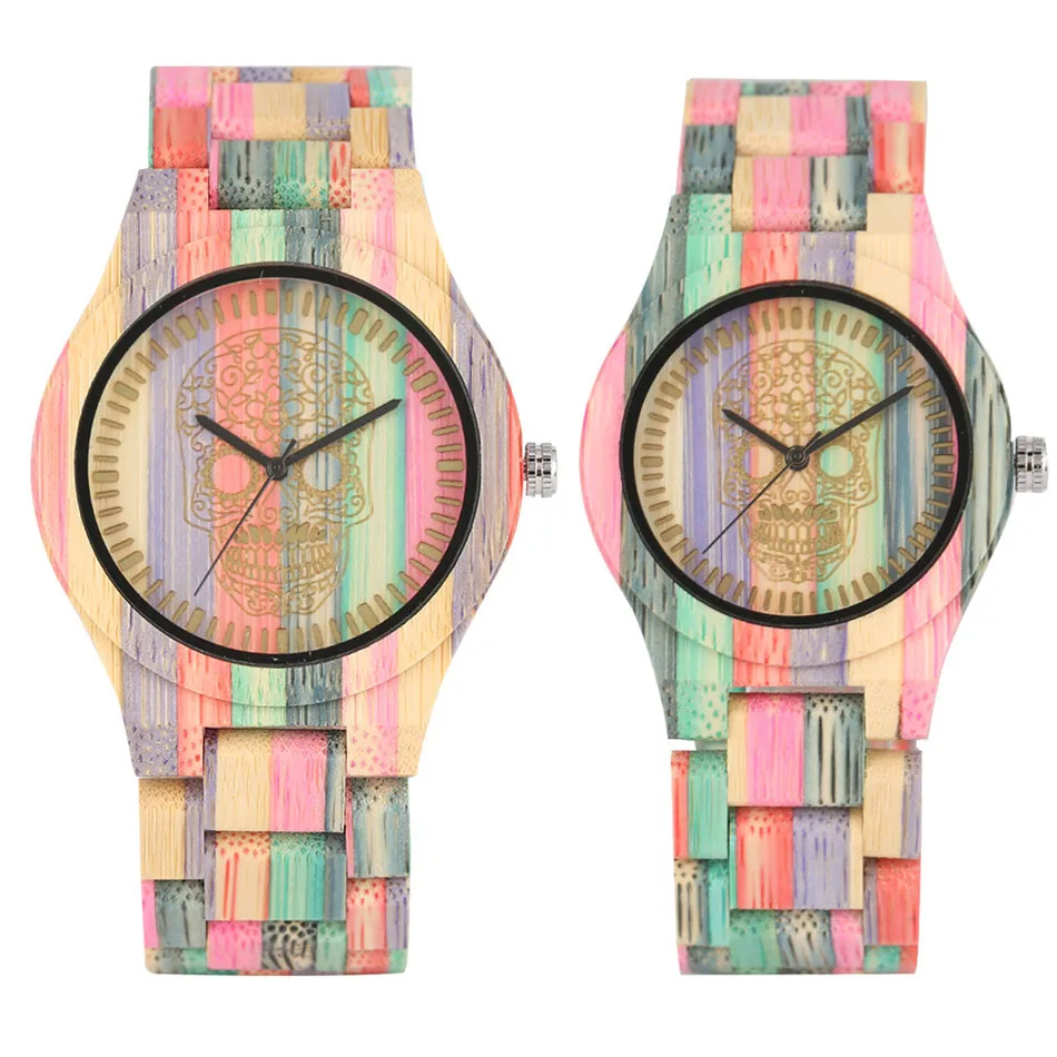 Vintage Stylish Colorful Bamboo Wood Quartz Wristwatch for Men Women Folding Clasp Full Wooden Strap Couples Watches